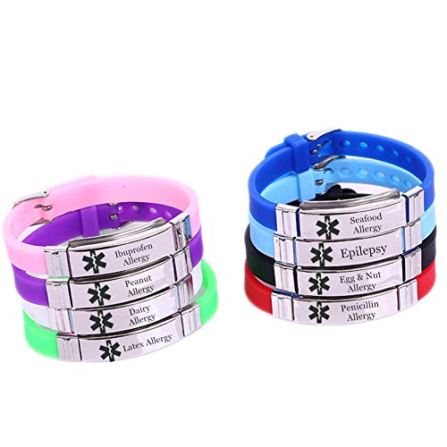 Personalized Stainless Steel Silicone Medical Allergy Awareness Bracelets for Boys Girls Adults,Customized Medic Alert ID Wristband Emergency Jewelry for Son,Daughter,with Aid Bag