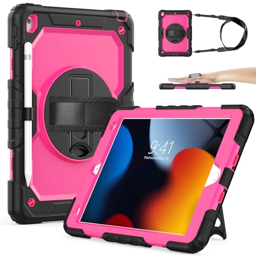 SIBEITU Case Compatible with iPad 9th/8th/7th Generation with Screen Protector Pen Holder, iPad Case 10.2 Inch, Heavy Duty Protection Cover W/Stand Hand Shoulder Strap for iPad A2602 A2197
