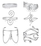 Jstyle 6Pcs Coil Upper Arm Cuff Open Arm Band Bracelet for Women Greek Goddess Filigree Swirl Boho Armlet Bangle Costume Jewelry Adjustable Silver Tone