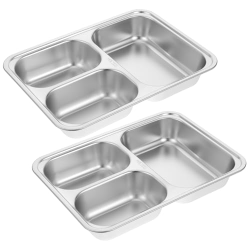 Veemoon Stainless Steel Divided Dinner Plates - Set of 2 Rectangular Sectional Trays with 3 Compartments for Camping - Meal Prep and Portion Control Metal Plates for Outdoor
