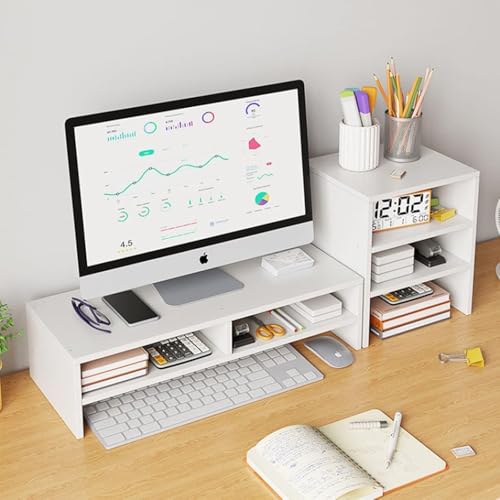 Image of Wooden Monitor Stand Riser with Storage Compartment and Lockable Storage Drawer Stand | Adjustable Desktop Organizer for Computer, Flax, Laptop & Printer (Monitor Stand (white) 6 Box)