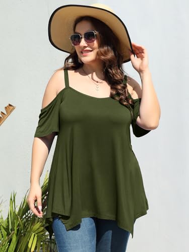Image of LARACE Cold Shoulder Tops for Womens Summer Clothes Spaghetti Strape Tunic Oversized Shirts Asymmetrical Plus Size Blouse