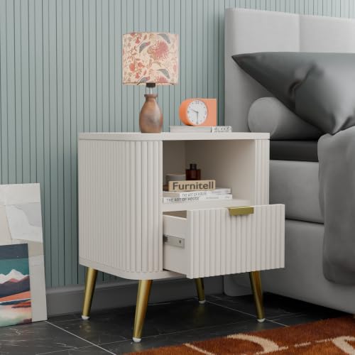 Image of Premium HDMR Wood Bedside Table with 1 Drawer & Open Storage Shelf, Fluted Nightstand with Golden Legs for Bedroom, Modern End Table, for Living Room, White Finish (18 x 14 x 18 Inch)