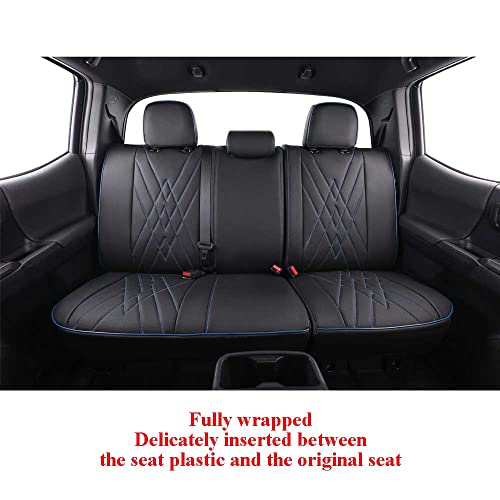 Image of EKR Custom Fit Tacoma Rear Car Seat Covers for Toyota Tacoma 2016 2017 2018 2019 2020 2021 2022 2023 Double Cab /Crew Cab - Second Row Only,Faux Leather(Black with Blue Trim)