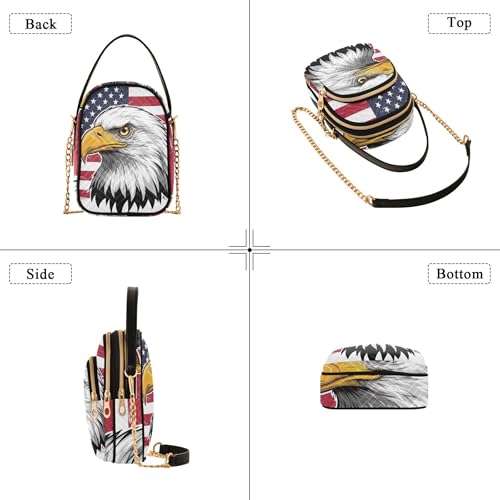 Bald Eagles American Flag Shoulder Handbag Women Phone Handbag Small Chain Purse Floral Print Zipper Bowler Tote Ladies Satchel, 5.9" × 8.3" × 3.1"4