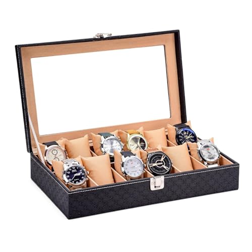 WATCHHUT PU Leather Wrist Watch Organizer Box – 12 Slot Storage with Cushion Pillows, Magnetic Latch Lock & Megnatic Latch Lock (Black & Cream)
