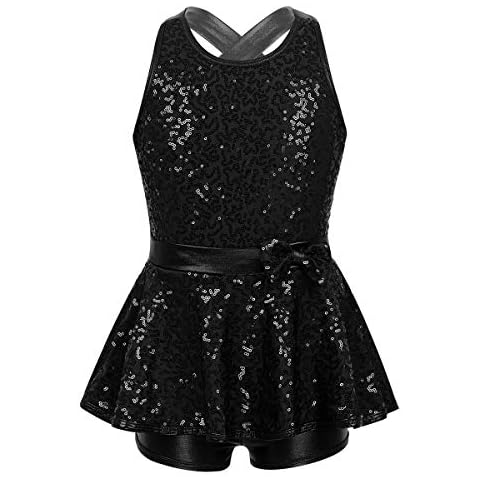 Yeahdor Kids Girls Sequined Jazz Modern Tap Dress Dance Costume Criss Cross Back Ballet Leotard Dresses Black 11-12 Years Cover