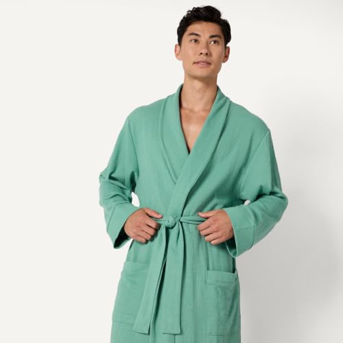 Image of Amazon Essentials Men's Lightweight Cotton Waffle Bath Robe, Mid-Length Loungewear (Available in Big & Tall)