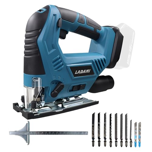 LADAMI Sierra de calar inalámbrica compatible con Makita, para Einhell, para baterías Bosch de 18 V, sierra de calar inalámbrica de 12 hojas, 7 velocidades, corte oblicuo máx. 45°, función de