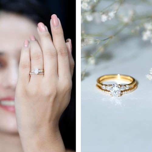 Moissanite Solitaire Ring Set with Stackable Band, 5X7 MM Oval, 1 Carat, Engagement Wedding Ring, 14K Yellow Gold, Size:US 8.752