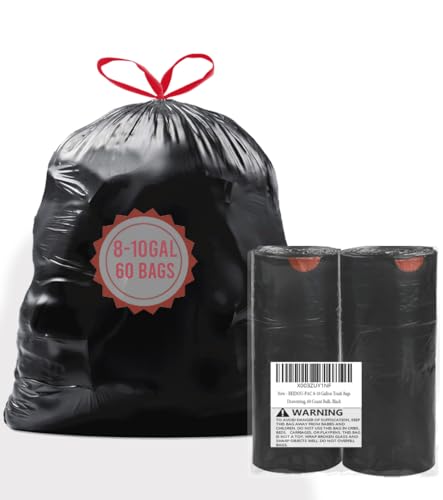 BEIDOU-PAC Bolsas de basura de 8 a 10 galones con cordón, 60 unidades a granel, bolsas de basura multiusos negras y sin perfume para negocios, hogar, baño, cocina, comercial e industrial