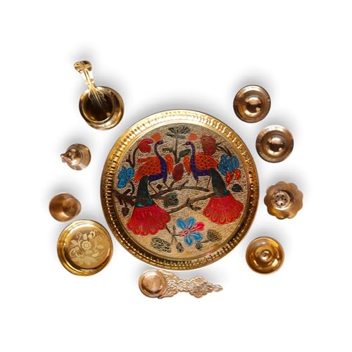 Image of Brass 9 Inch Minakari Pooja Thali Set With 10 Items Including Ghanti, Kalash, Udarni, Kuber Diya, Agarbati Stand, 2 Kumkum Bowls, Kapoor Aarti, 1 Glass and 1 Prasadam Plate | Weight : 670 Grams