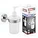 Produktbild tesa MOON Seifenspender-Set, satiniertes Glas und verchromter Edelstahl - Flüssigseifenspender zur Wandbefestigung ohne Bohren, inkl. Klebelösung - 70mm x 155mm x 110mm