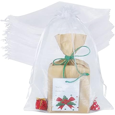 HRX Package 100pcs Large Organza Bags White, 8 x 12 inch Mesh Gift Drawstring Pouches Goodie Bags for Christmas Shower Party Favors Samples Cover
