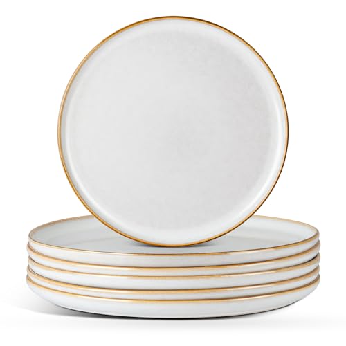Image of E-far 8 inch Ceramic Salad Plates Set of 6, Reactive Glaze Stoneware Dishes, Round Dessert Plate for Home Kitchen Restaurant, Microwave & Dishwasher Safe - Seashell White
