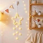HHMTAKA LED Christmas Star Window Light, 8 Modes Twinkle Curtain Light Timer, Rechargeable Hanging Lights for Party Shop Window Xmas Decoration, Outdoor Indoor(Warm Light)