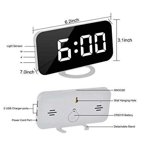 Digital Alarm Clock,7" Led Mirror Electronic Clocks,With 2 Usb Charging Ports,Snooze Mode,Auto Adjust Brightness,Modern Desk Wall Clocks For Bedrooms Living Room Office - White #TOP3