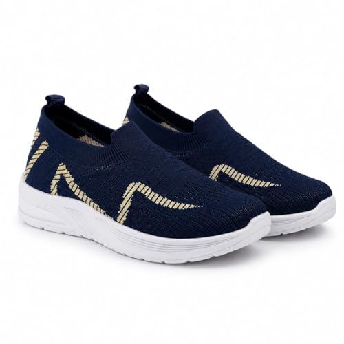 Image of Kids Navy Blue Knit Slip-On Sneakers for Boys | Lightweight Breathable Casual Walking Shoes with Geometric Pattern & Cushioned Sole