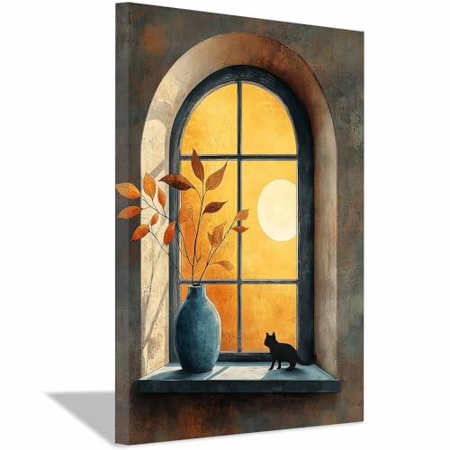 Tableau chat noir fenêtre déco murale salon moderne lune 30x45