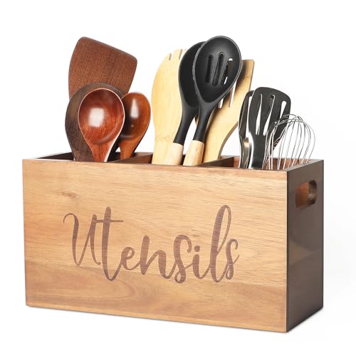 LBEMEY Acacia Wood Utensil Holder,Large Wooden Utensil Holder For Kitchen Counter,Big Storage Caddy With 3 Compartments Flatware Spoon Tool Cutlery (Brown)