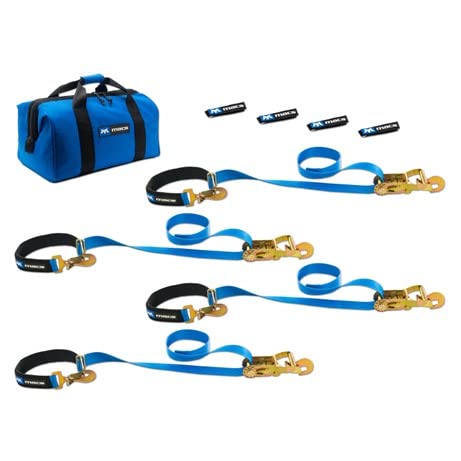 Mac's Tie-Downs 512118 Automotive Strap Kit (4 Pack) - Blue, 10,000 Lbs. Break Strength 2" W X 8' L Ratchet Strap With Direct Hook Ends, Integrated Axle Straps, Strap Wraps, (1) Canvas Storage Bag #TOP26