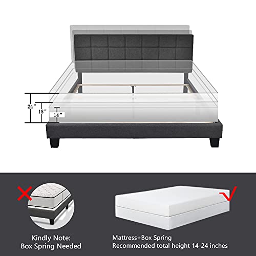 Allewie Full Size Panel Bed Frame With Adjustable Headboard For High Profile/Fabric Upholstered/Square Stitched Padded Headboard/Box Spring Or Bunkie Board Required/Dark Grey #TOP6