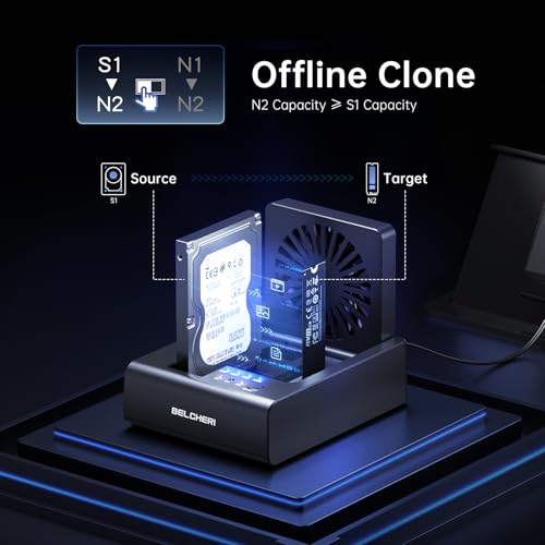 BELCHERI Stacja dokująca do klonerowania dysków twardych 3-Bay, USB 3.2 Gen 2 10 Gbit/s do M.2 NVMe SSD i 2,5"/3,5" SATA HDD, HDD/M.2 NVMe SSD Cloner Stacja dokująca ze składanym wentylatorem