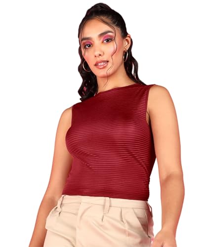 Image of POPWINGS Casual Self-Design Wrinkle Round-Neck Sleeveless Crop Top for Women || Summer Wear Crop Tops for Women || Stylish Western Regular Wear Women Crop Tops
