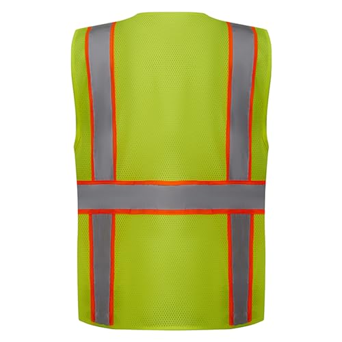 SV2300, ANSI/ISEA Class 2, Safety Tricot/Mesh Vest, Reflective w/Orange binding, Zipper, Pockets, Neon Green2