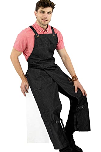 Under Ny Sky Pottery Gray Apron – Full Cover Cross-Back, Durable Denim, Leather Reinforcement And Overlapping Split-Leg – Adjustable For Men And Women – Pro Pottery Artist, Mechanic #TOP4