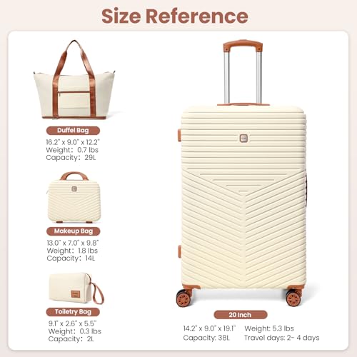 Image of Hoteel luggage Sets 4 Piece Carry on Luaagae Suitcases with Spinner Whells & TSA Lock (4-YEAR WARRANTY), Carry on Suitcase ABS+PC Hard Shell Lightweight Travel Suitcases(13in /20in /DB /TB, Beige)