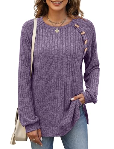 Image of Bofell Long Sleeve Shirts for Women Lightweight Button Decor Tunic Tops Side Split