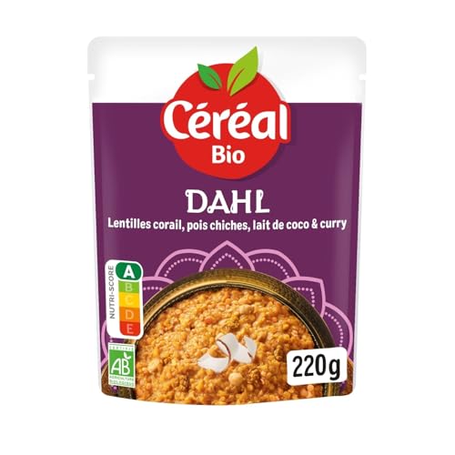 CÉRÉAL BIO – Dahl Végétarien Bio – Lentilles Corail, Pois Chiches & Lait de Coco – Cumin – Plat Cuisiné Bio Individuel – Repas Prêt à Réchauffer en 2 min – Riche en Fibres & Protéines – 220 g