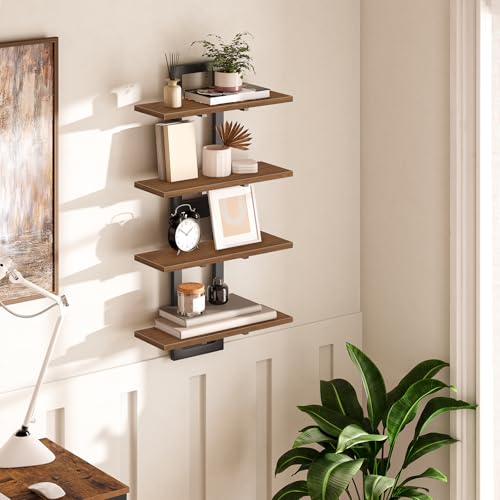 Image of HOOBRO Floating Shelves, 15 Inch Wall Shelf Set of 2, Wall Mounted Storage Shelves 2-Tier, Hanging Bathroom Shelves, for Living Room, Bedroom, Bathroom, Kitchen, Walnut and Black BH32BJ01
