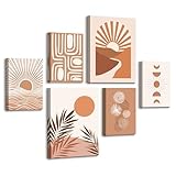 6 Sets of Boho Terracotta Soleil Botanique Tableau Decoration Murale Encadre, Géométrie Lignes Impression sur toile Abstrait Paysage Tableau Peinture Posters Déco Mural pour Salon Chambre Cuisine