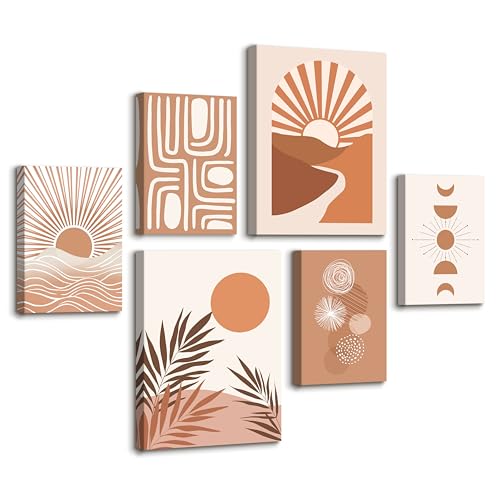 6 Sets of Boho Terracotta Soleil Botanique Tableau Decoration Murale Encadre, Géométrie Lignes Impression sur toile Abstrait Paysage Tableau Peinture Posters...