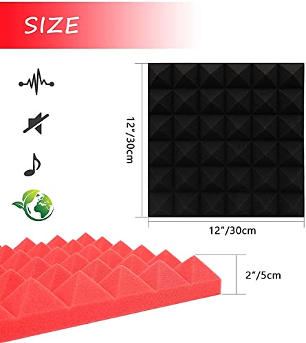 Image of YGM Acoustic Foams Pyramid Acoustic Panels 1 Footx1 Footx2inch Thick, 50 Density Acoustical Sound Proof Foam for Room, Studio, Echo Reduction & Noise Absorption (Black & Red, Set of 12)