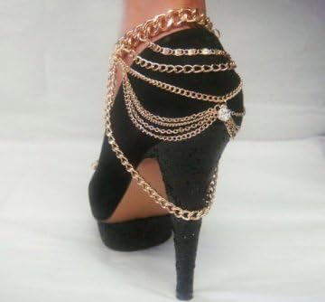 Gold Tone Heel Chain with Centered Iced Out Stone and Links
