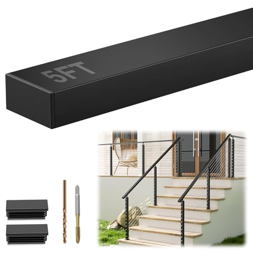 Gyykzz 5FT Stainless Steel T304 Black Handrail for Cable Railing System, 1 Pack 3/64\" Thick Rectangular Flat Top Rail, Upgraded Outdoor Coated Cable Deck Handrails for Indoor Outdoor DIY Balustrade