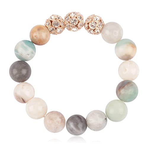 Stone Beaded Stretch Yoga Prayer Friendship Bracelet - Healing Lava Semi Precious Natural Gem Quartz, Mermaid Glass Glowing Bead Strand Bangle Cuff (Pave Ball Natural Stone Bracelet - Amazonite) #TOP25