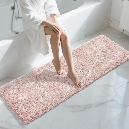 Image of Yimobra Long Bathroom Rugs Runner 70x24 Inch, Extra Thick Soft Absorbent Chenille Bath Mat, Non Slip Machine Washable, Quick Dry Bath Rugs for Bathroom Floor, Tub and Shower, Pink