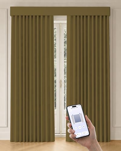 Image of Graywind Motorized Curtains with Track, Room Darkening Smart Curtains, Rechargeable Curtains Compatible with Alexa & Remote Control for Large Windows, Custom Drapes Up to 220 inch, Canvas (Mustard)