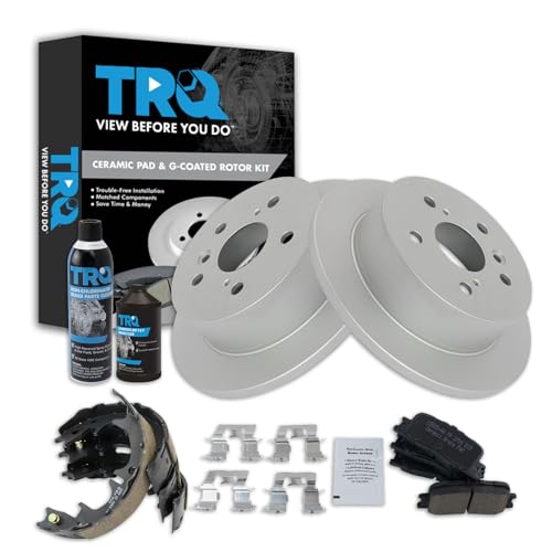 Image of TRQ Rear Brake Pad & Rotor Kit, with Chemical Kit Parking Brake Shoe Set Ceramic Premium G-Coated Compatible with 2002-2003 Lexus ES300 2004-2006 ES330 2002-2006 Toyota Camry