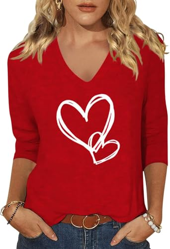 Image of Womens 3 /4 Sleeve V Neck Valentine T Shirts Love Heart Printed Graphic Tee Tops