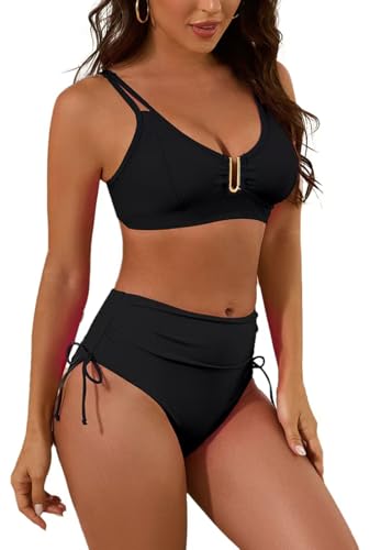 Nillocco 2 Piece Swim Suits for Women 2025 Swimsuits for Curvy Women High Waisted Bikini Sets U-Wire Cutout Tummy Control Bathing Suit Black Medium