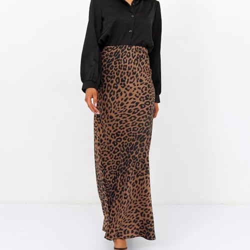 Women Leopard Print Satin Skirt High Waist Hidden Elasticized Waistband Maxi Satin Skirts Silk Flowy Elegant Dress4
