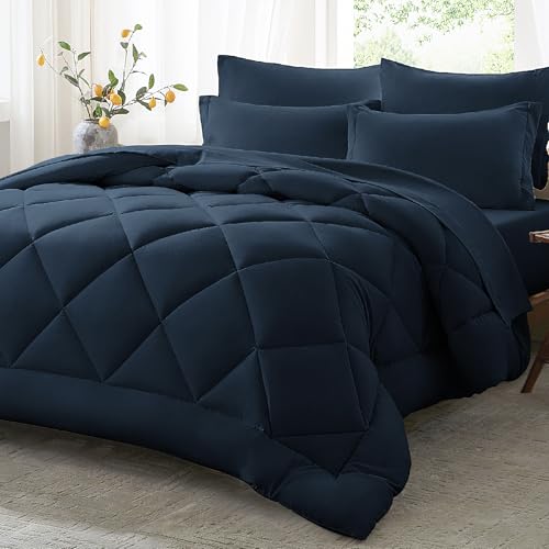 Anluoer Twin Comforter Set,Navy Blue Bed in a Bag 5 Piece,Lightweight Bedding Set with Soft Down Alternative Fill,Bed Set Includes Comforter, Fitted Sheet, Flat Sheet,Pillowcase and Sham