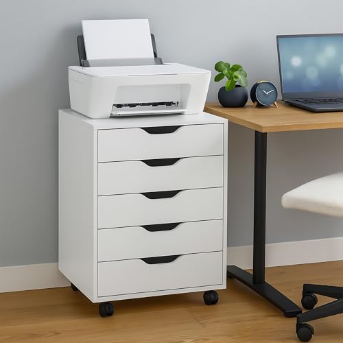 Relaxdays Rollcontainer, 5 Schubladen, HxBxT: 66,5 x 48 x 39,5 cm, Büroschrank, Aktenschrank mit Rollen, Büro, weiß