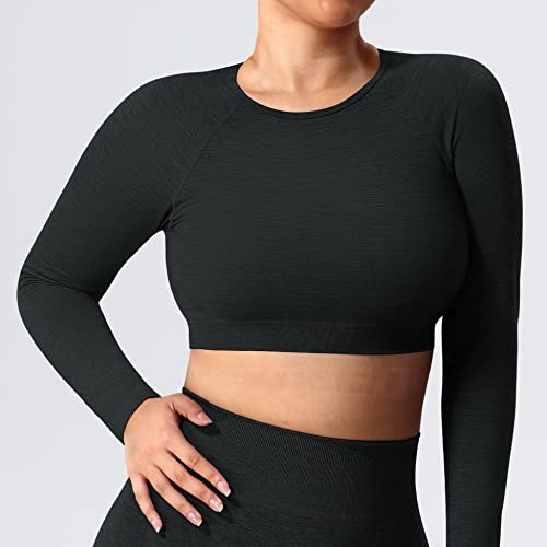 Yeoreo Seamless Long Sleeve Crop Gym Shirts For Women Workout Yoga Tops (#0 Black,Medium) #TOP2
