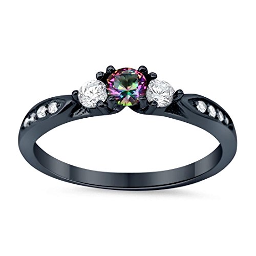 3-Stone Wedding Engagement Ring Simulated Rainbow Topaz Round Cubic Zirconia Three Stone Black Tone 925 Sterling Silver, Size-5